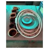 (5) Wilton Armetale Plates, Brown Glazed Mugs,