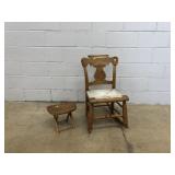 Antique Tiger Maple Rush Seat Rocking Chair & Foot