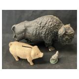 (2) Cast Metal Still Banks with Chicken Figurine