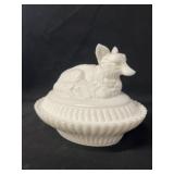 Early Milk Glass Fox Form Canister