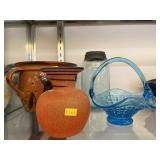 Redware Strainer, Storage Jar, Art Glass