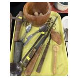 Vintage Utensils and Cutlery, Carved Wood Bowl