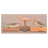 3 Carved & Painted Woodpeckers & Bird on Branches