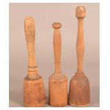 3 Antique Turned Maple Wood Kitchen Mashers