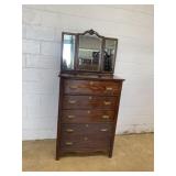 Vtg. 5-drawer Oak Tall Chest w/ Mirror