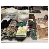 Porcelain Pitcher and Canister, Tray, Ephemera