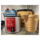 Advertising Tins and Stoneware Pitcher
