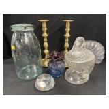 Brass Candlesticks, Canister, Art Glass, etc.