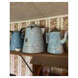 (3) Blue Graniteware Tea and Coffee Pots