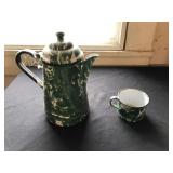 Green and White Swirl Graniteware Coffee Pot & Cup