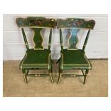(2) Antique Plank Seat Paint Decor. Side Chairs