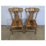 (2) Plank Seat Decorated Vtg. Side Chairs