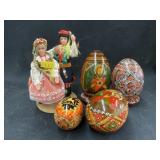 (4) Paint Decorated Wooden Eggs with Figurines
