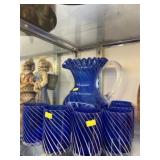 Cobalt Art Glass Water Pitcher Set