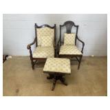 2 Mahogany Upholstered Arm Chairs & Stool