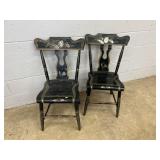 (2) Vtg. Plank Seat Decorated Side Chairs