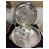 (2) Silverplate Serving Trays & Glass Pitcher