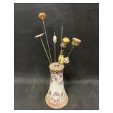 Antique Porcelain Hat Pin Holder with Pins