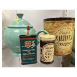 Fiestaware Pitcher with Advertising Tins