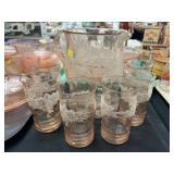 Pink Depression Acid Etched Water Pitcher Set