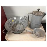 Gray Agateware Teapot, Strainer & Serving Pieces