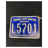 1940 Pa. Metal Hunting License