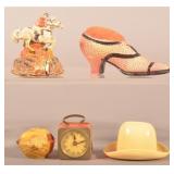 Antique Celluloid Tape Measures & Thimble Holder.