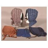 Five Antique Silk and Wool Ladies Bonnets.