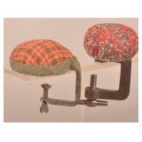 Two Antique Pin Cushions w/ Wrought Iron Clamps.