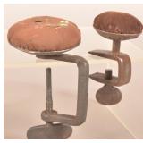 Two Antique Pin Cushions w/ Wrought Iron Clamps.