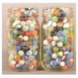 Two Mason Jars Filled w/ Various Vintage Marbles.