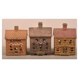 Three Antique Cast Iron Cottage-Form Still Banks.