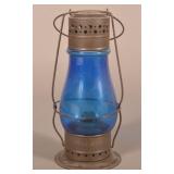Antiq. Tin White Star Lantern w/ Blue Glass Globe.