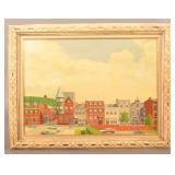 E. Lunden Oil on Board Cityscape Painting.