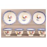 Blue Spatter China Rooster Pattern Cups & Saucers.