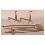 Collection of Wrought Iron Andirons & Tools.