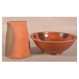 Antique Decorated Redware Bowl and Strainer.