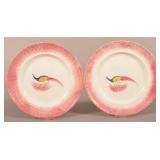 Two Red Spatter China Peafowl Design Plates.
