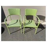 (2) Green Plastic Wicker Arm Chairs