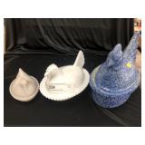 Milk Glass and Pottery Hen On Nests