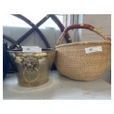 Brass Ash Bucket with Woven Basket