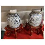 (2) Oriental Pottery Urns with Stands