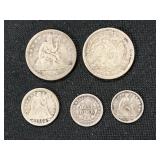 (5) U.S. Coins- Seated Quarters, Dimes, Half Dime