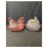 Longaberger Glass Hen and Rabbit On Nests