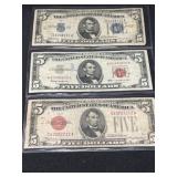 (3) $5 Silver and Bank Notes
