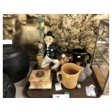 Decanter Bottle, Stoneware Pitcher and Mug