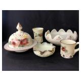 (5) Paint Decorated Custard Glass Pieces