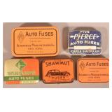 Five Antique Automobile Advertising Fuse Tins.