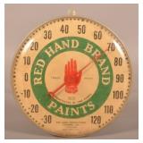 1940s Red Hand Brand Paints Round Thermometer.