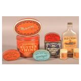 Collection of Advertising Tins and Glass Bottle.